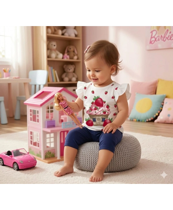 Kız Bebek Çilek Baskılı Tişört ve Taytlı Gündelik İkili Takım 6-18 Ay