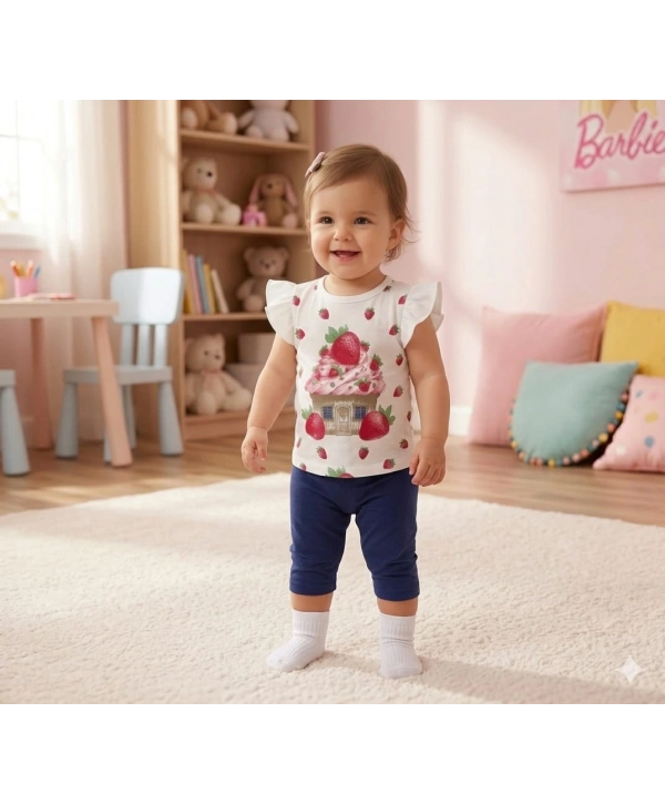 Kız Bebek Çilek Baskılı Tişört ve Taytlı Gündelik İkili Takım 6-18 Ay