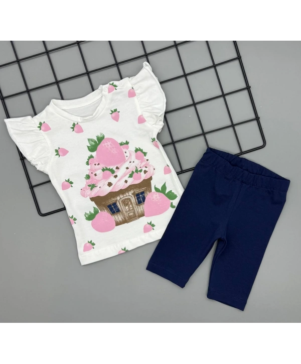 Kız Bebek Çilek Baskılı Tişört ve Taytlı Gündelik İkili Takım 6-18 Ay