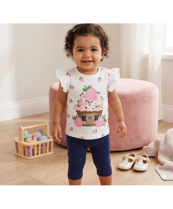 Kız Bebek Çilek Baskılı Tişört ve Taytlı Gündelik İkili Takım 6-18 Ay