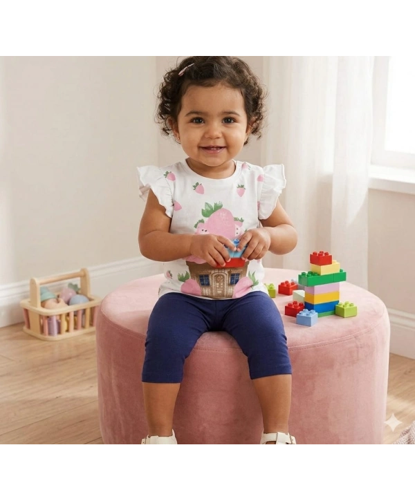 Kız Bebek Çilek Baskılı Tişört ve Taytlı Gündelik İkili Takım 6-18 Ay