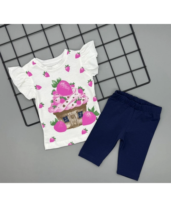Kız Bebek Çilek Baskılı Tişört ve Taytlı Gündelik İkili Takım 6-18 Ay
