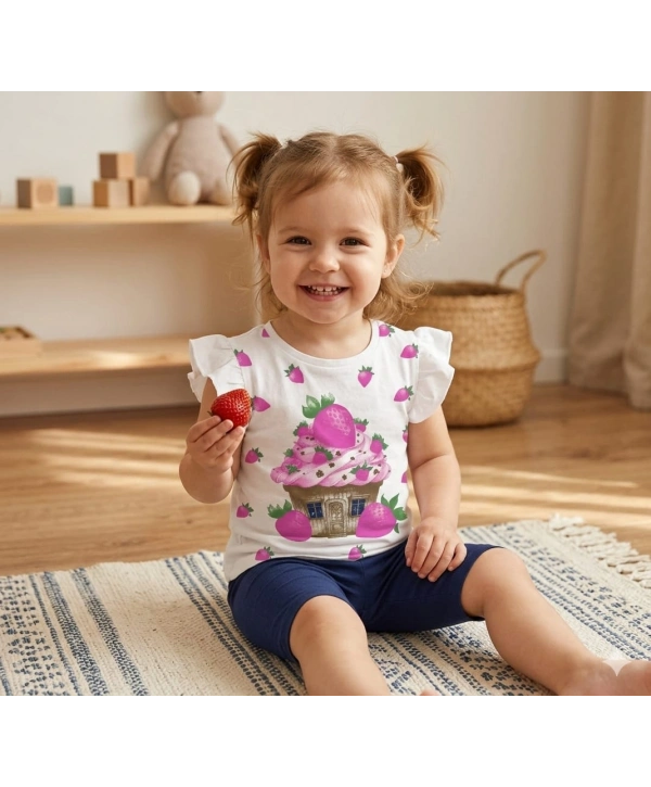Kız Bebek Çilek Baskılı Tişört ve Taytlı Gündelik İkili Takım 6-18 Ay