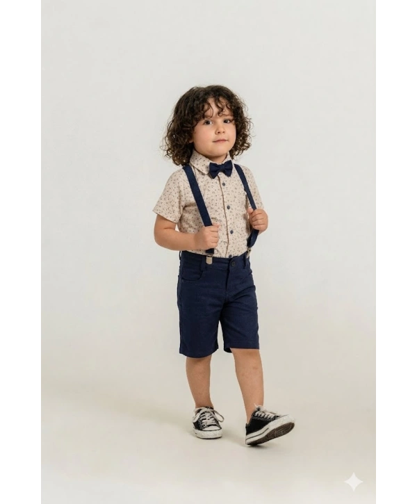 Erkek Çocuk Dijital Baskılı Gömlek & %100 Pamuk Şortlu Spor Takım - Papyon Ve Askı Hediyeli