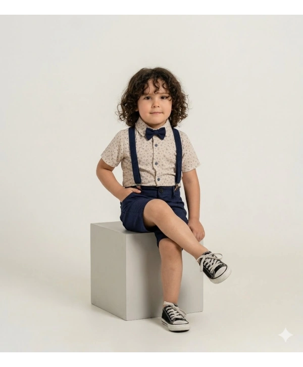 Erkek Çocuk Dijital Baskılı Gömlek & %100 Pamuk Şortlu Spor Takım - Papyon Ve Askı Hediyeli