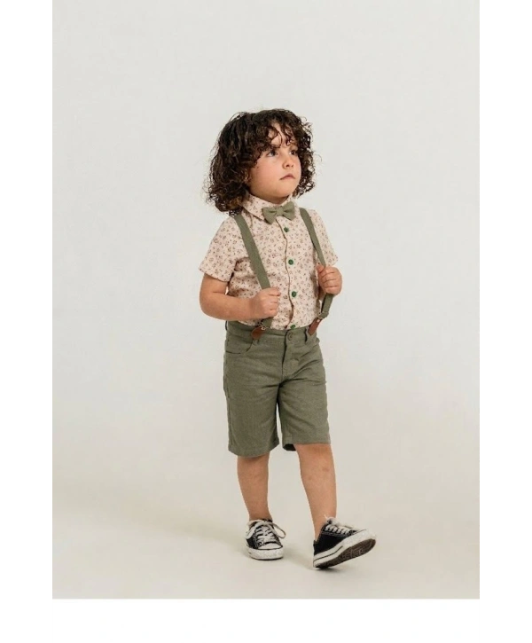 Erkek Çocuk Dijital Baskılı Gömlek & %100 Pamuk Şortlu Spor Takım - Papyon Ve Askı Hediyeli