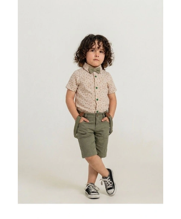 Erkek Çocuk Dijital Baskılı Gömlek & %100 Pamuk Şortlu Spor Takım - Papyon Ve Askı Hediyeli