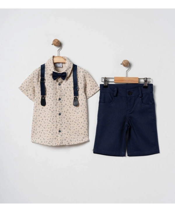 Erkek Çocuk Dijital Baskılı Gömlek & %100 Pamuk Şortlu Spor Takım - Papyon Ve Askı Hediyeli