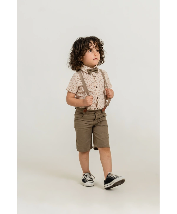 Erkek Çocuk Dijital Baskılı Gömlek & %100 Pamuk Şortlu Spor Takım - Papyon Ve Askı Hediyeli