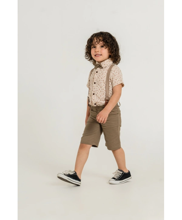 Erkek Çocuk Dijital Baskılı Gömlek & %100 Pamuk Şortlu Spor Takım - Papyon Ve Askı Hediyeli