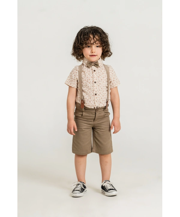 Erkek Çocuk Dijital Baskılı Gömlek & %100 Pamuk Şortlu Spor Takım - Papyon Ve Askı Hediyeli