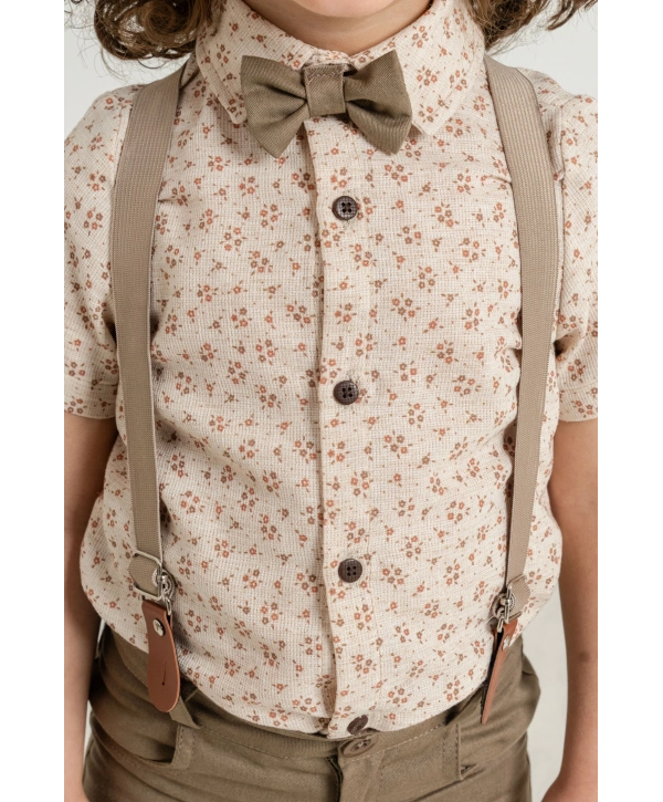 Erkek Çocuk Dijital Baskılı Gömlek & %100 Pamuk Şortlu Spor Takım - Papyon Ve Askı Hediyeli