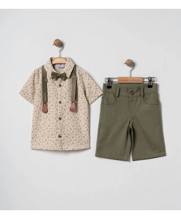 Erkek Çocuk Dijital Baskılı Gömlek & %100 Pamuk Şortlu Spor Takım - Papyon Ve Askı Hediyeli