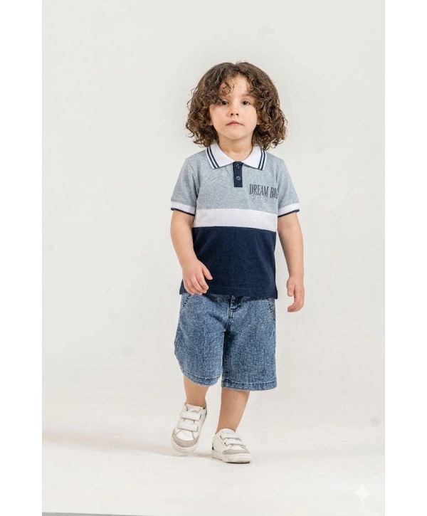 Erkek Çocuk Dream Big Baskılı %100 Pamuk Polo Yaka Tişört ve Kot Şort Alt Üst İkili Takım