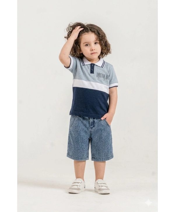 Erkek Çocuk Dream Big Baskılı %100 Pamuk Polo Yaka Tişört ve Kot Şort Alt Üst İkili Takım