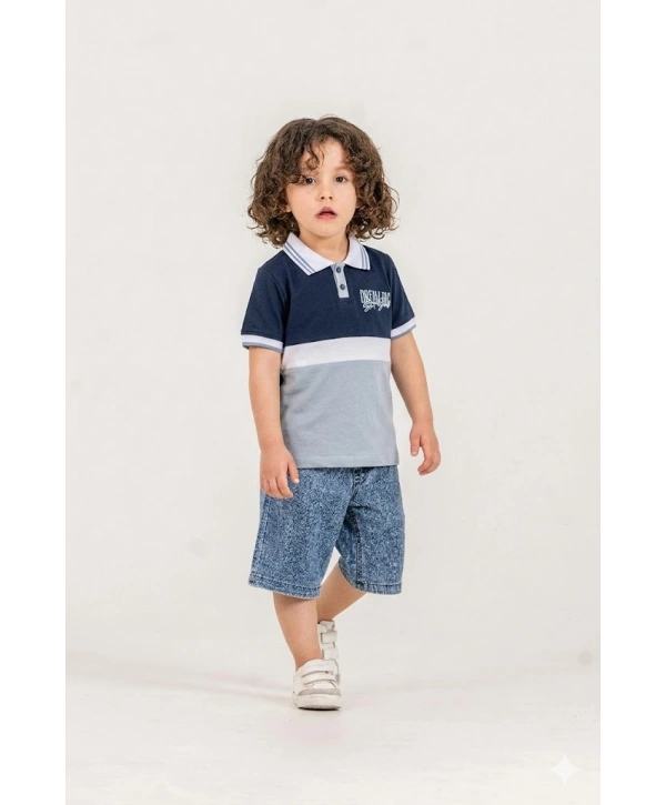 Erkek Çocuk Dream Big Baskılı %100 Pamuk Polo Yaka Tişört ve Kot Şort Alt Üst İkili Takım