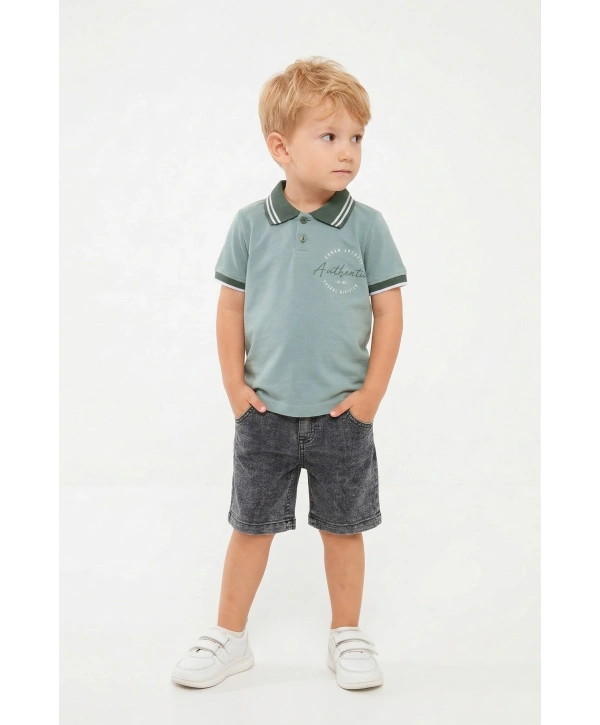 Erkek Çocuk Authentic Baskılı %100 Pamuk Polo Yaka Tişört ve Kot Şort Alt Üst İkili Takım