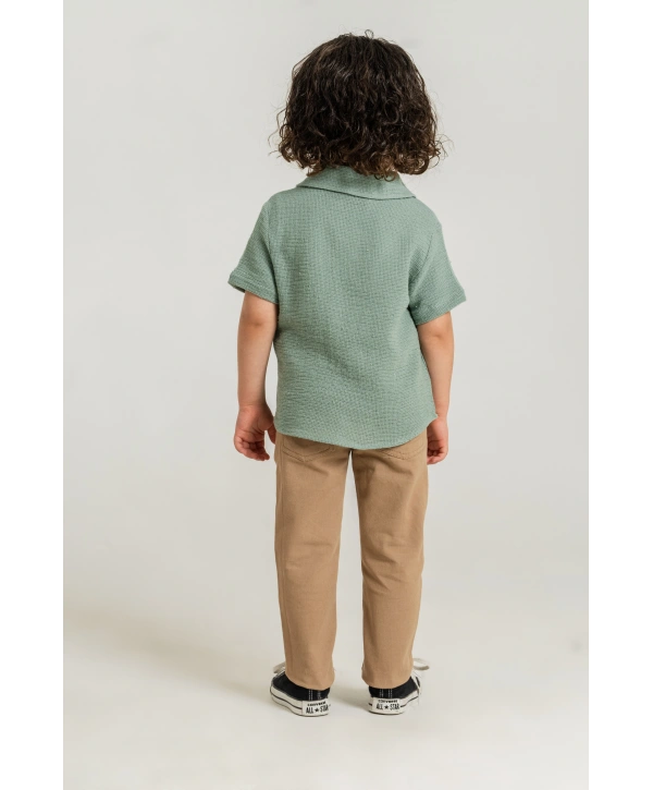Erkek Çocuk %100 Pamuk 3lü Takım Nakışlı Gömlek Baskılı Tişört ve Likralı Pantolon