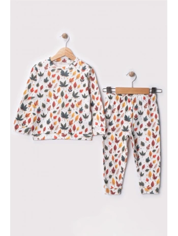 Unisex Çocuk %100 Pamuk Sonbahar Yaprakları Desenli Dijital Baskılı Alt Üst Takım