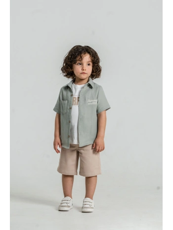 Erkek Çocuk %100 Pamuk Müslin Gömlek, Tişört ve Şortlu Premium Takım + Şapka Hediyeli