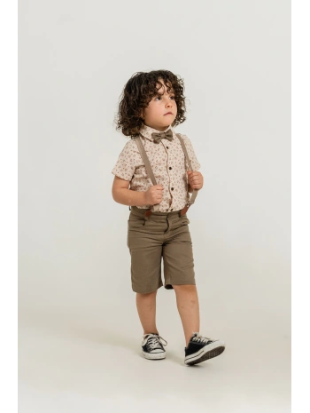 Erkek Çocuk Dijital Baskılı Gömlek & %100 Pamuk Şortlu Spor Takım - Papyon Ve Askı Hediyeli