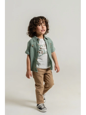 Erkek Çocuk %100 Pamuk 3lü Takım Nakışlı Gömlek Baskılı Tişört ve Likralı Pantolon