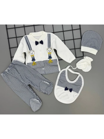 Patik Hediyeli Papyonlu Ayıcıklı 5 Parça Lüks Erkek Askı Detaylı Hastane Çıkışı Zıbın Set