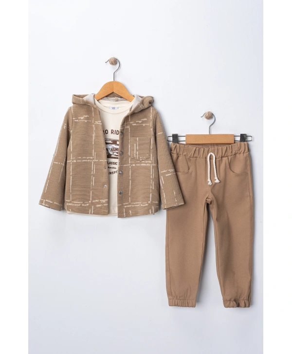 Erkek Çocuk Kapşonlu Hırka Tişört ve Pantolonlu 3lü Takım