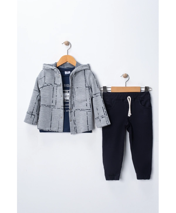 Erkek Çocuk Kapşonlu Hırka Tişört ve Pantolonlu 3lü Takım