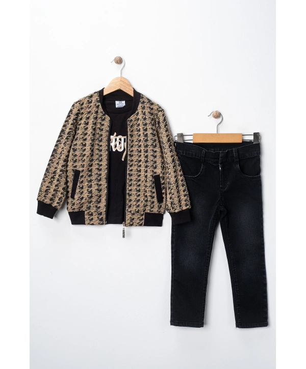 Erkek Çocuk Hırka Tişört ve Kot Pantolonlu 3lü Takım