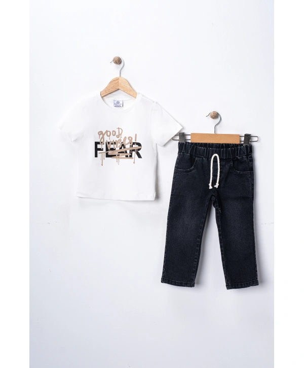 Erkek Çocuk 3lü Kombin Takım -Cepli Gömlek, %100 Pamuk Tişört ve Likralı Beli Lastikli Jean Pantolon