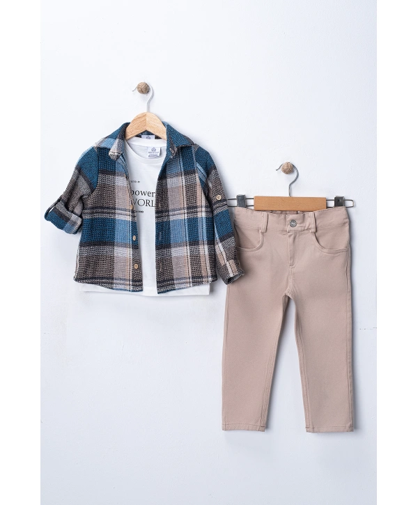 Erkek Çocuk Kolu Ayarlanabilir Gömlekli, Baskılı Tişörtlü ve Cepli Pantolonlu 3lü Lüks Takım