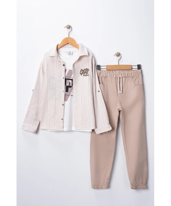 Erkek Çocuk Şapka Hediyeli Kolu Ayarlanabilir Gömlekli, Tişörtlü ve Pantolonlu 3lü Kombin Takım