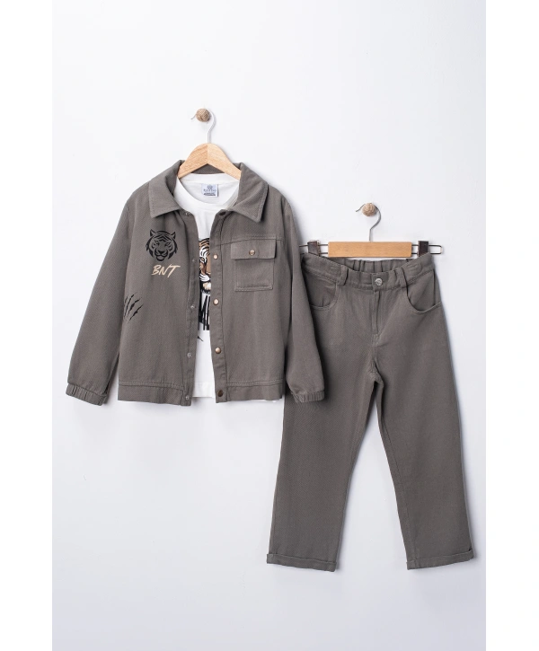 Erkek Çocuk Şapka Hediyeli Kaplan Baskılı 3’lü Kombin Takım - Ceket, Tişört ve Pantolon