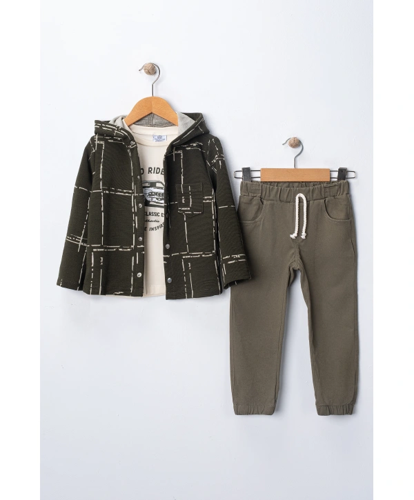 Erkek Çocuk Kapşonlu Hırka Tişört ve Pantolonlu 3lü Takım