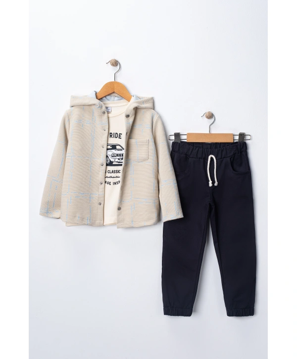 Erkek Çocuk Kapşonlu Hırka Tişört ve Pantolonlu 3lü Takım