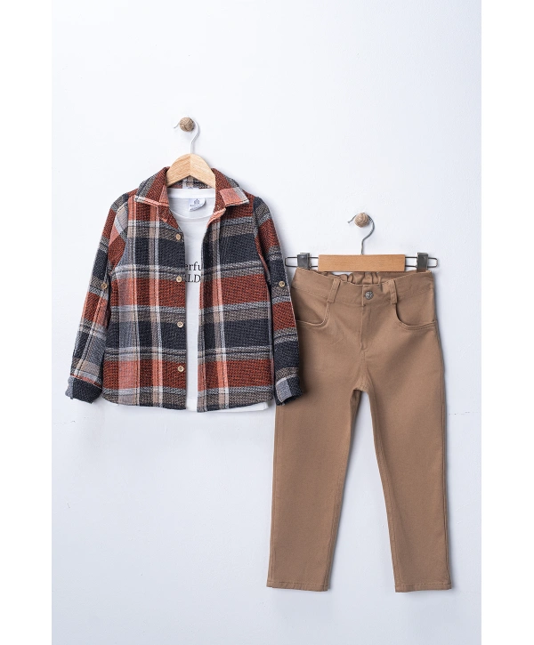 Erkek Çocuk Kolu Ayarlanabilir Gömlekli, Baskılı Tişörtlü ve Cepli Pantolonlu 3lü Lüks Takım