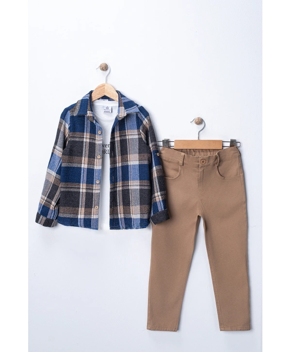 Erkek Çocuk Kolu Ayarlanabilir Gömlekli, Baskılı Tişörtlü ve Cepli Pantolonlu 3lü Lüks Takım