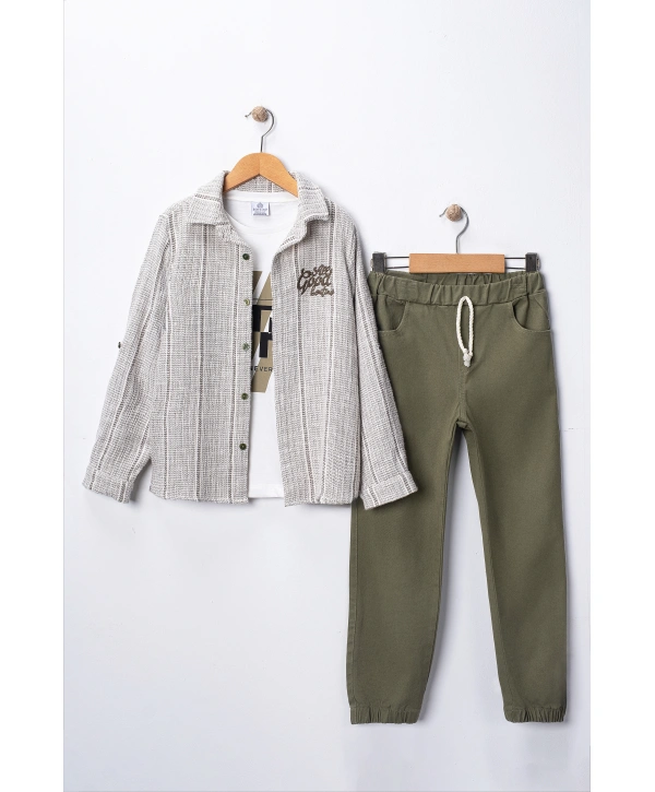 Erkek Çocuk Şapka Hediyeli Kolu Ayarlanabilir Gömlekli, Tişörtlü ve Pantolonlu 3lü Kombin Takım