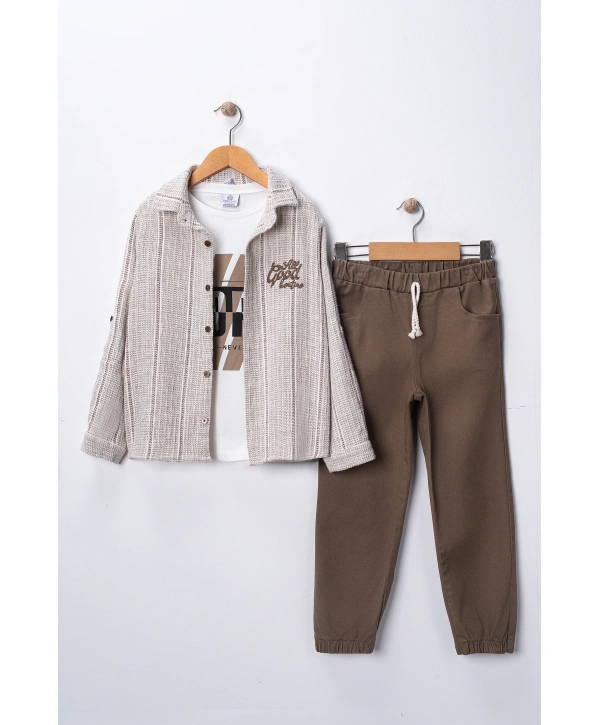 Erkek Çocuk Şapka Hediyeli Kolu Ayarlanabilir Gömlekli, Tişörtlü ve Pantolonlu 3lü Kombin Takım