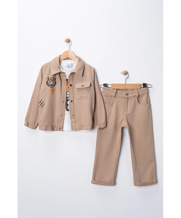 Erkek Çocuk Şapka Hediyeli Kaplan Baskılı 3’lü Kombin Takım - Ceket, Tişört ve Pantolon