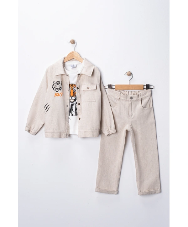 Erkek Çocuk Şapka Hediyeli Kaplan Baskılı 3’lü Kombin Takım - Ceket, Tişört ve Pantolon