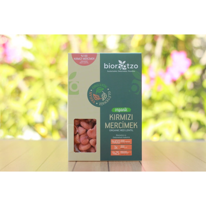 Biorootzo Artizan Makarna Bronz Kalıp Glütensiz ve Vegan Kırmızı Mercimek Mantı - Pipe Rigate 200 g