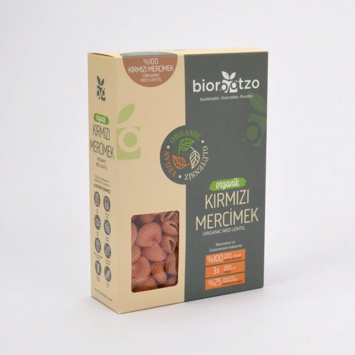 Biorootzo Artizan Makarna Bronz Kalıp Glütensiz ve Vegan Kırmızı Mercimek Mantı - Pipe Rigate 200 g