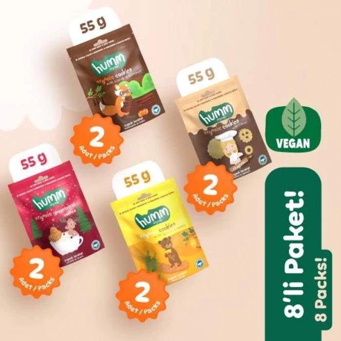 Humm Organik Kurabiye 8li Set (Ballı ve Kinoalı & Keçiboynuzlu ve Fındıklı & Zencefilli ve Tarçınlı & Tahinli ve Pekmezli)