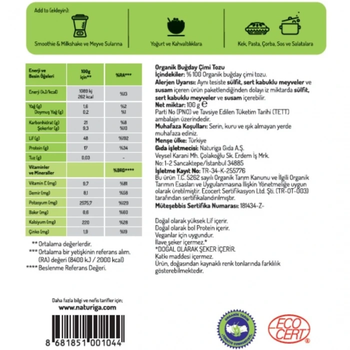 Naturiga Organik Buğday Çimi Tozu (100gr)