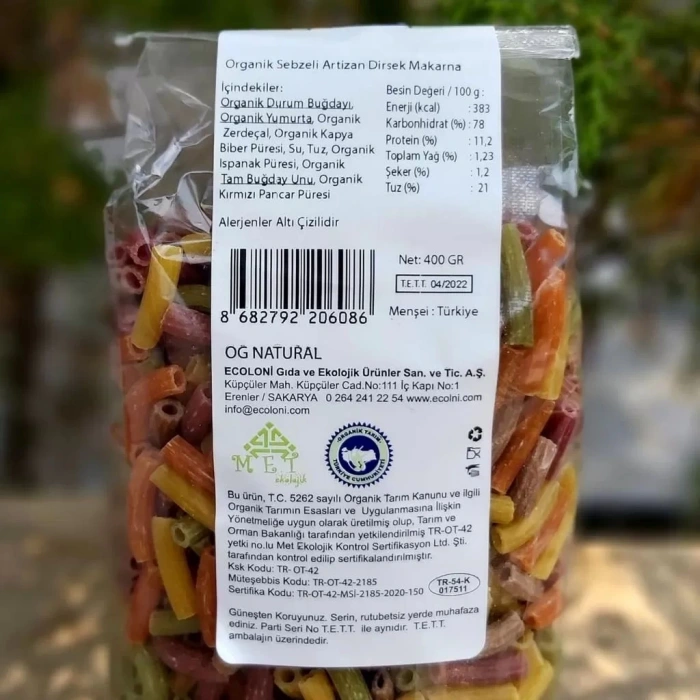 OG Natural Organik Sebzeli Artizan Dirsek Makarna (400 gr)