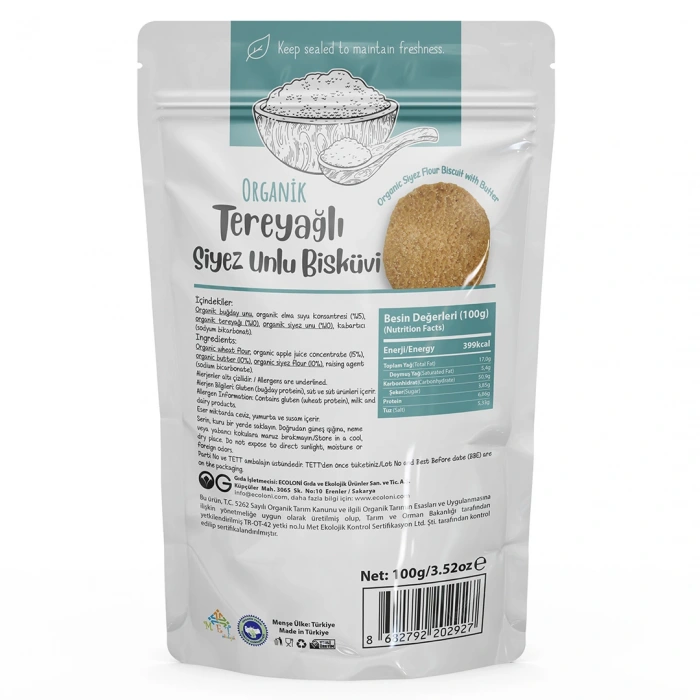 OG Natural Organik Tereyağlı Siyez Unlu Bisküvi (100 gr)
