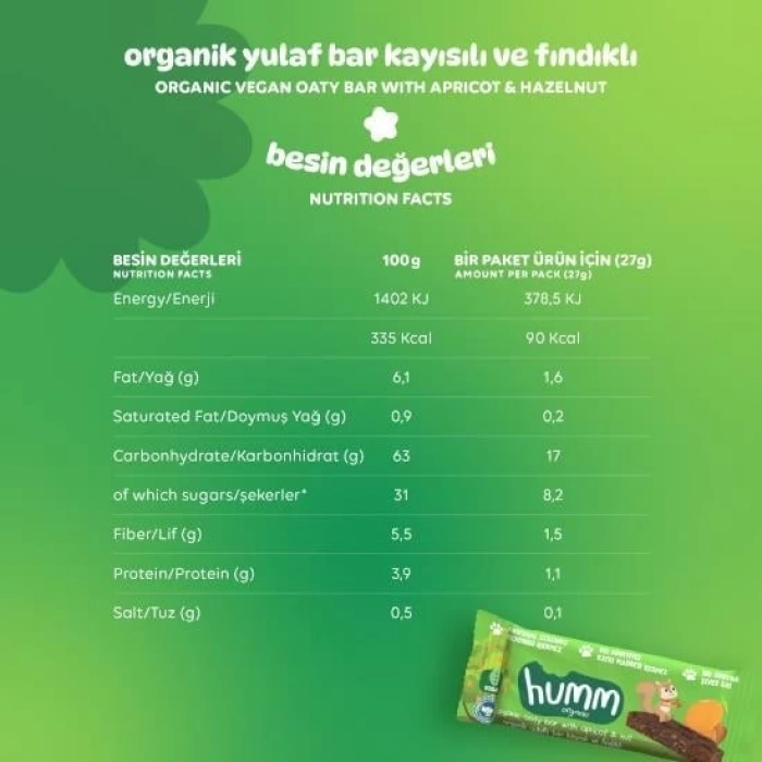 Humm Organik Vegan Kayısılı ve Fındıklı Yulaf Bar - 27g