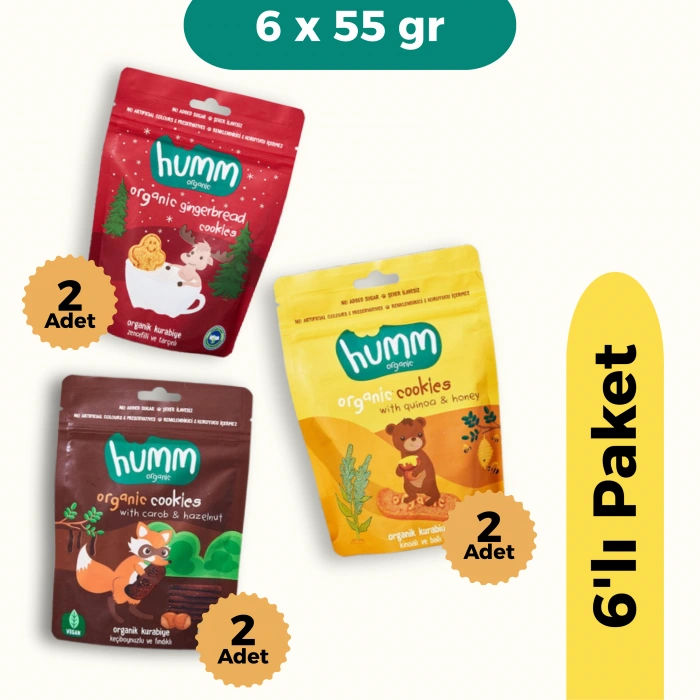 Humm Organik Kurabiye 6lı Set (Keçiboynuzlu ve Fındıklı & Zencefilli ve Tarçınlı & Ballı ve Kinoalı)